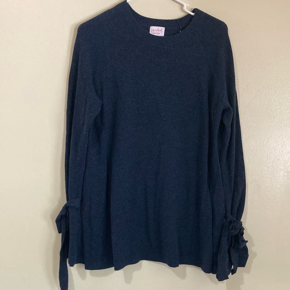 Isabel maternity sparkly blue sweater with bows on the wrists
